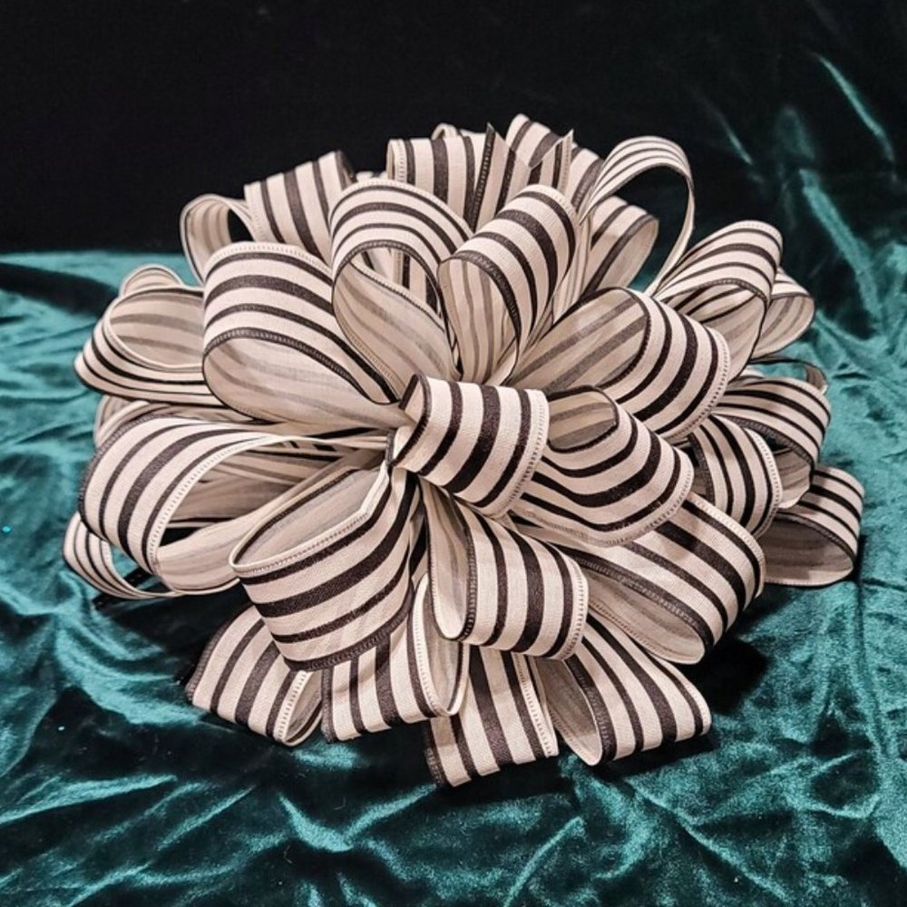 Christmas Tree Bow Topper, Black and Cream Striped Bow Tree Topper 44 Loop‎ 2of2